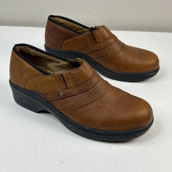 Ariat Shoes - Ariat Women's Sz 10.5 Brown Oiled Leather Safety Steel Toe Clogs Western Slip On
